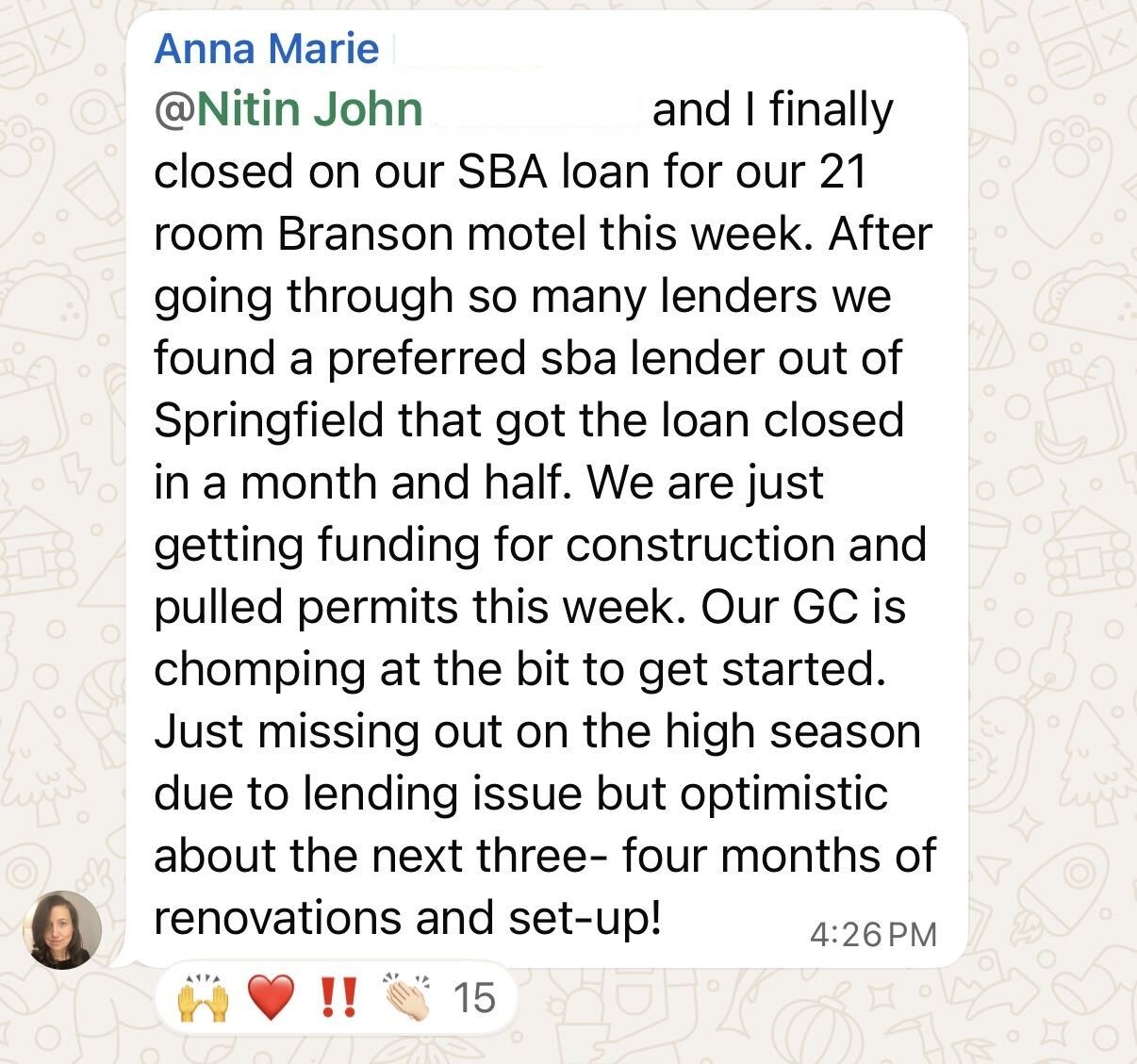 Anna Marie Reiners 21 Room SBA Loan Closed